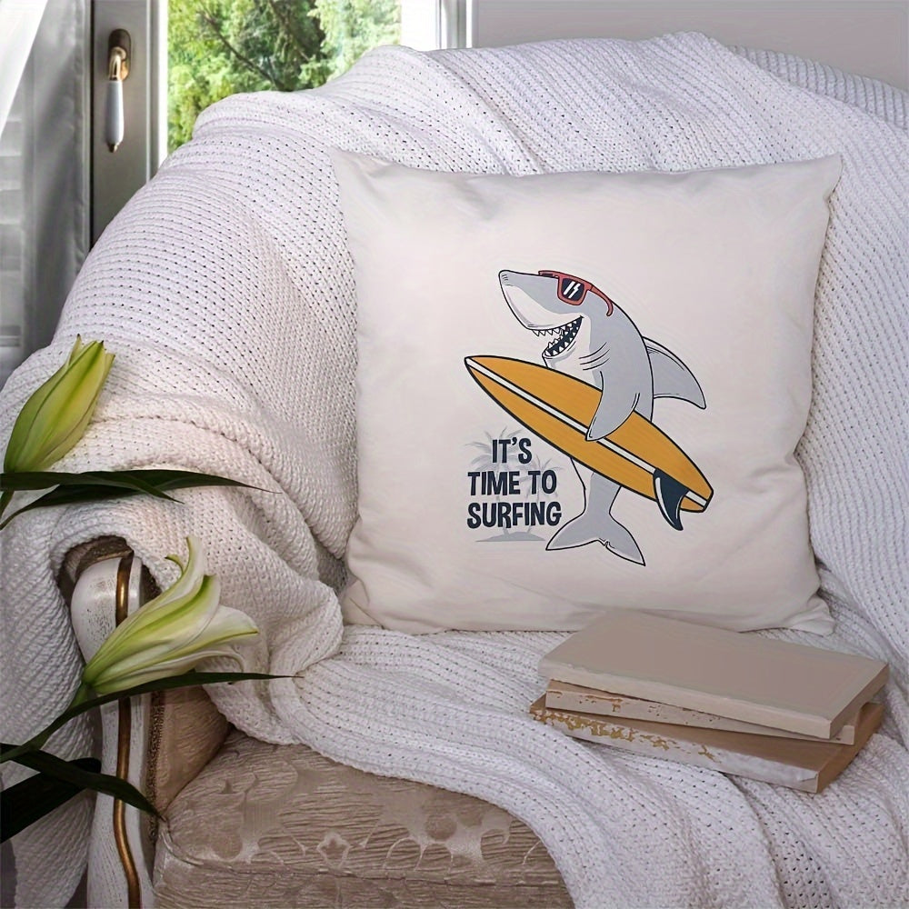 Surfing Shark Linen Throw Pillow Cover Ocean Theme Zipper Closure Decorative Cushion Case