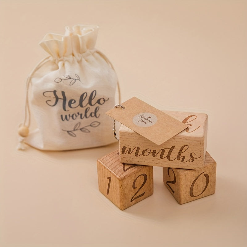Wooden Milestone Blocks Set for Baby Photos and Growth Memories Light Brown with Drawstring Bag