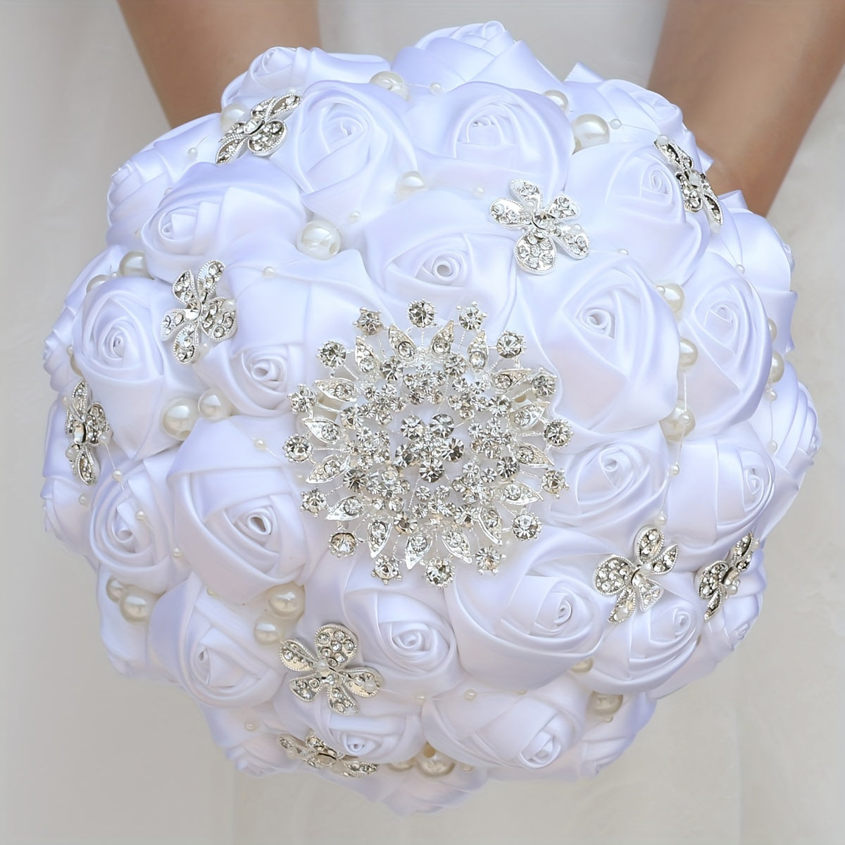 Wedding Bridal Satin Flower Handheld Accessory with Faux Pearls and Rhinestones