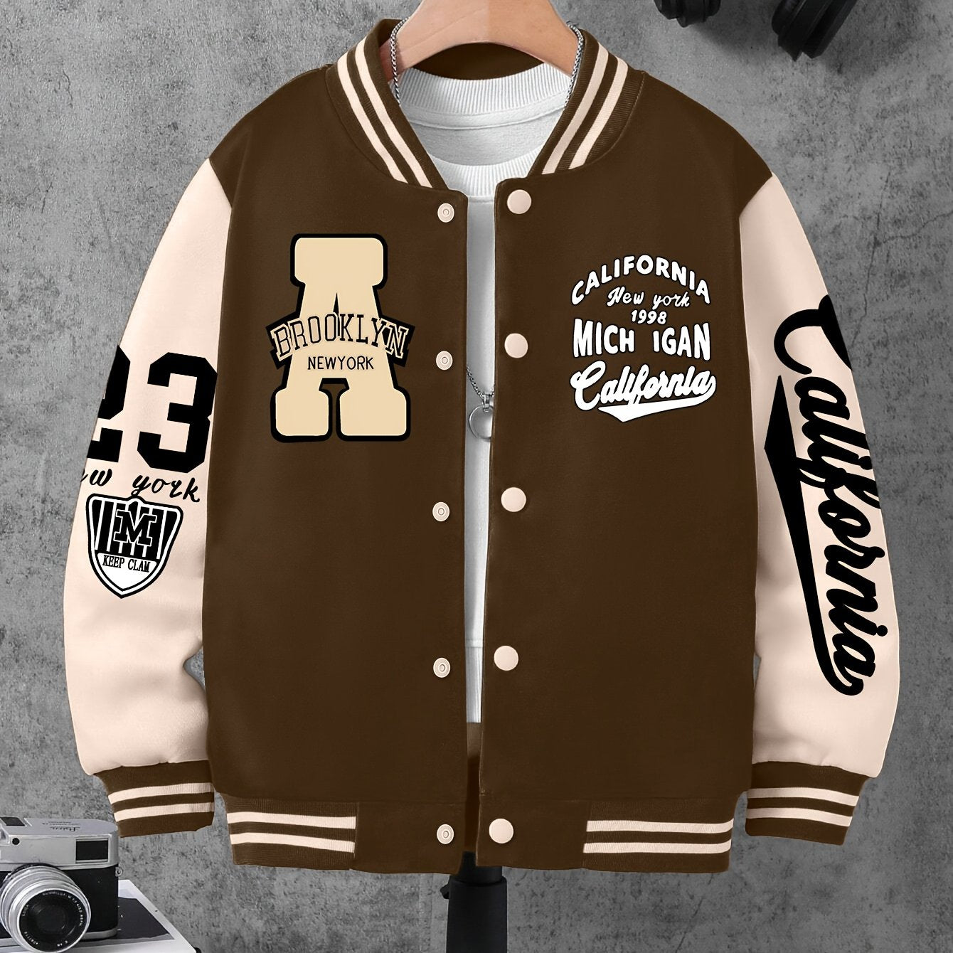 Boys Polyester Varsity Jacket with Geometric Pattern Baseball Collar Letter A Number 23 Fall Winter