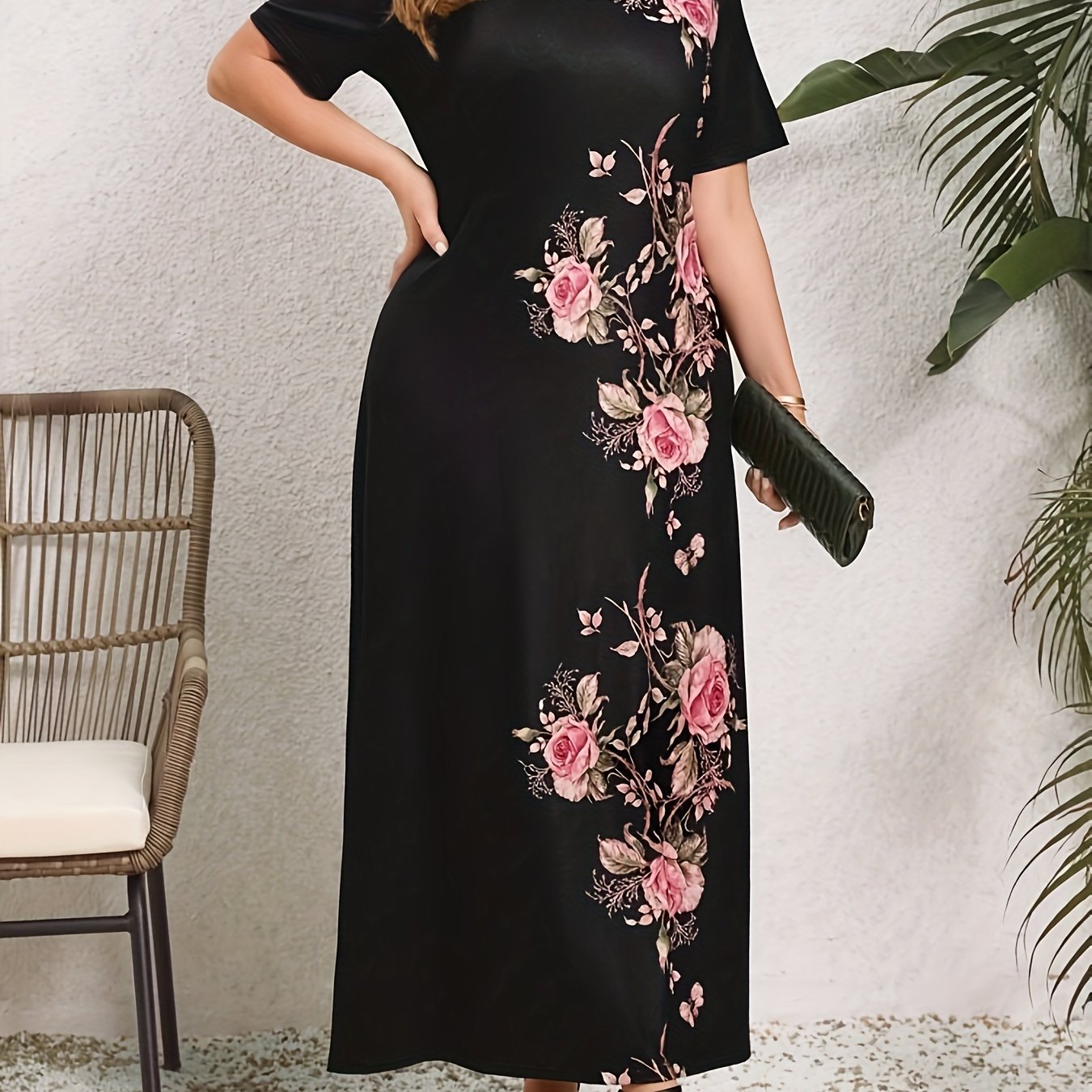 Plus Size Floral Print Slim Dress V-Neck Short Sleeve for Spring Summer Vacation