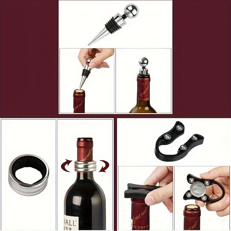 9-ta qismdan iborat zanglamaydigan po'latdan yasalgan sharob ochgich to'plami, qopqog'ni ochuvchi, folga kesuvchi, quyish moslamasi, vakuum yopgich