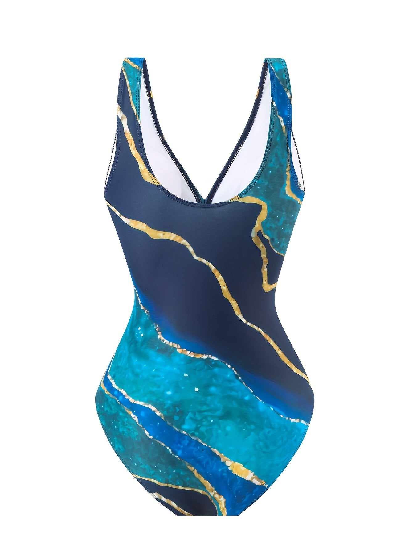 Ayollar uchun V-shaklidagi bir parcha va yopishqoq sarong yubka bilan bezatilgan, zamonaviy 2-qismli marmar naqshli suzish kostyumi to'plami.