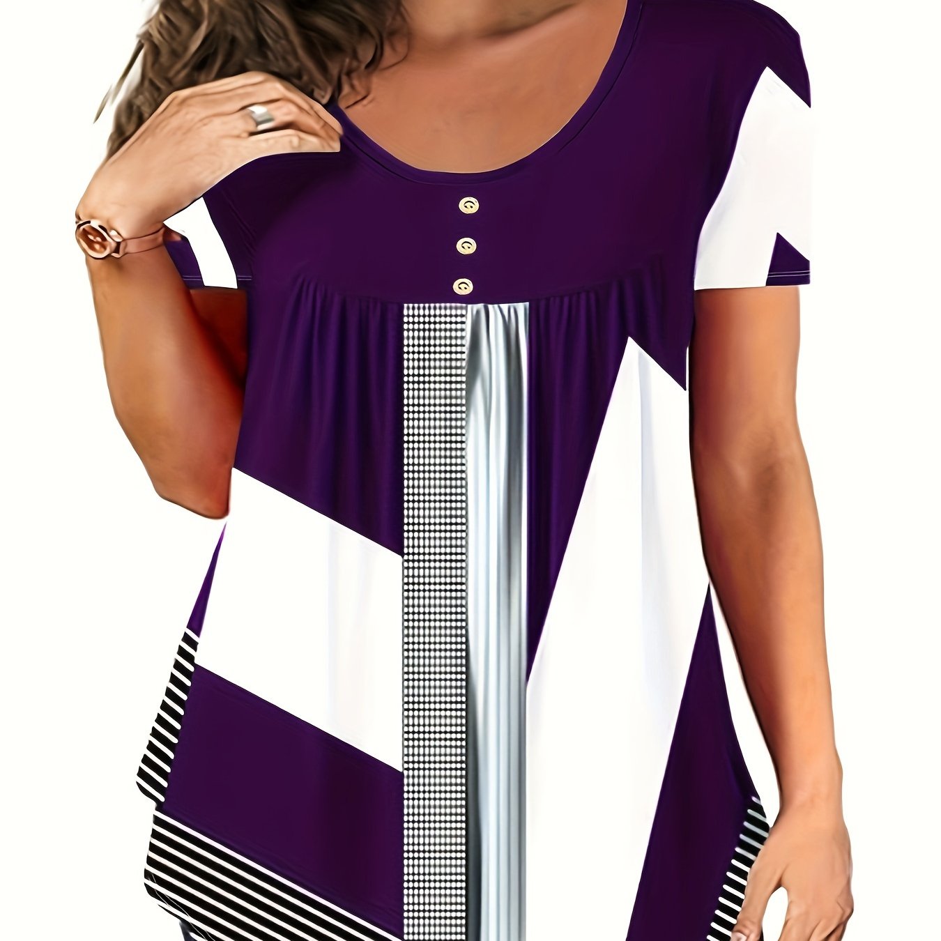 Plus o'lchamdagi kundalik T-shirt ayollar uchun rang-barang nuqta chiziqli qisqa ko'ylakli, dumaloq bo'yinli