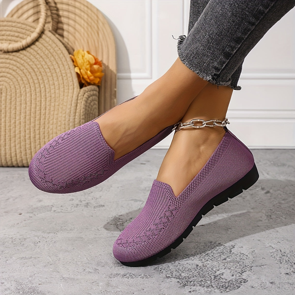 Женские вязаные лоферы однотонные легкие противоскользящие плоские туфли