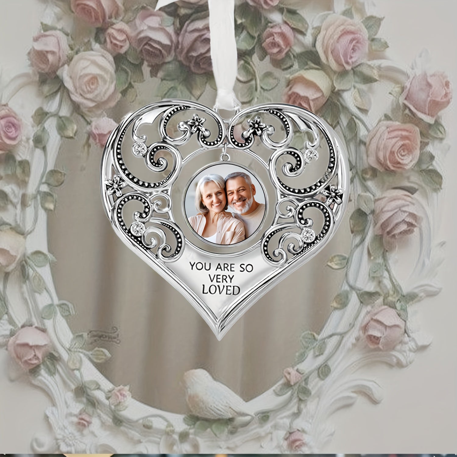 Нержавеющая сталь Сердечный рождественский украшение с индивидуальной фотографией и крыльями ангела