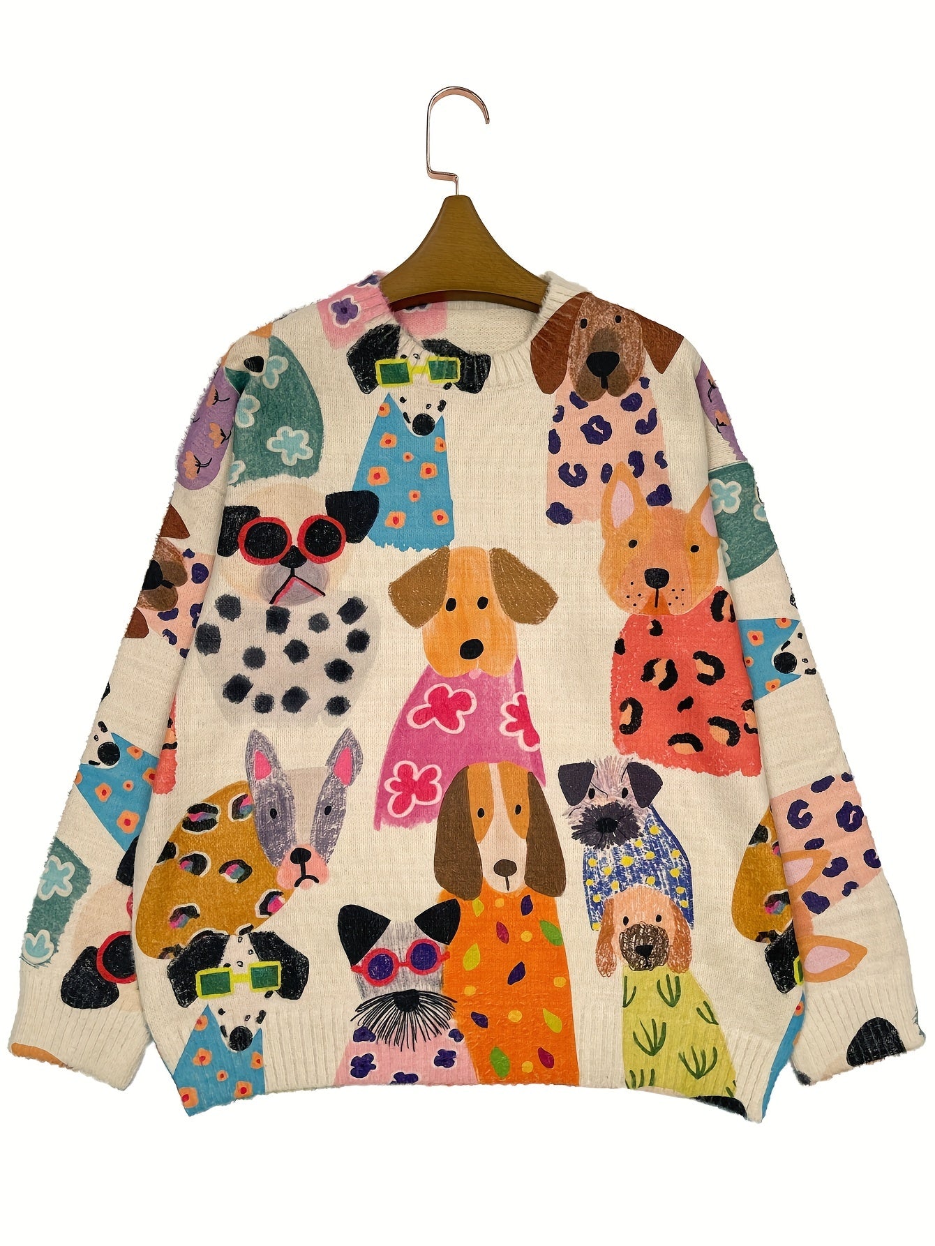 Women's Plus Size Dog Print Sweater Cozy Long Sleeve Crewneck Brown White