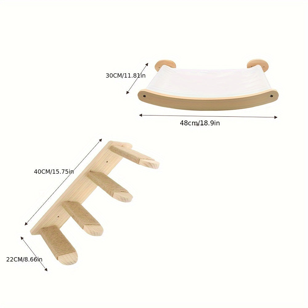 Wall-Mounted Cat Hammock with Climbing Ladder Made of Natural Wood