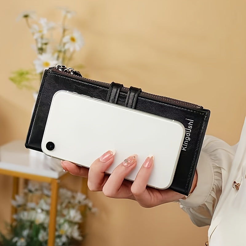 Double Zipper Wallet with Card Slots and Solid Color PU Material