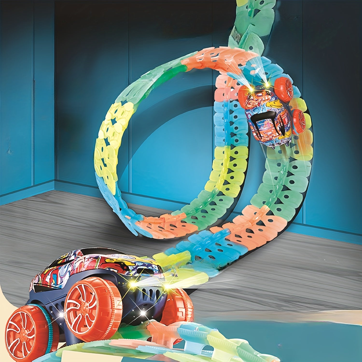 Kids Track Set with LED Light-Up Race Car, Flexible Bendable ABS Track System for Boys Age 3+