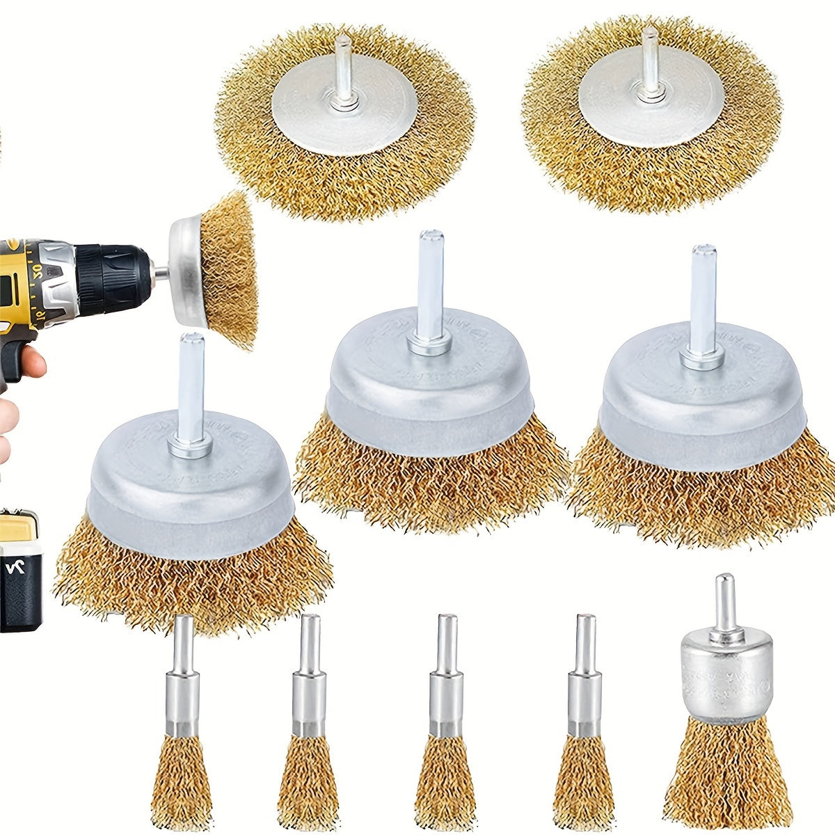 Wire Brush Wheel Set 10pcs Coarse Crimped 1/4 Inch Shank Drill Attachment