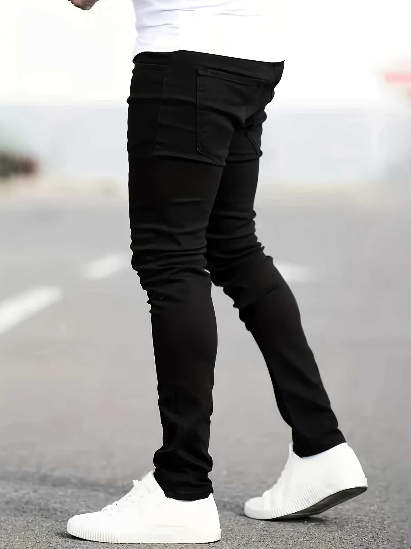 Men's Black Ripped Skinny Jeans with Stretch, All-Season, Machine Washable