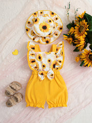 Baby Girl Jumpsuit with Sunflower and Butterfly Print, Bow Detail, Summer Toddler Clothing
