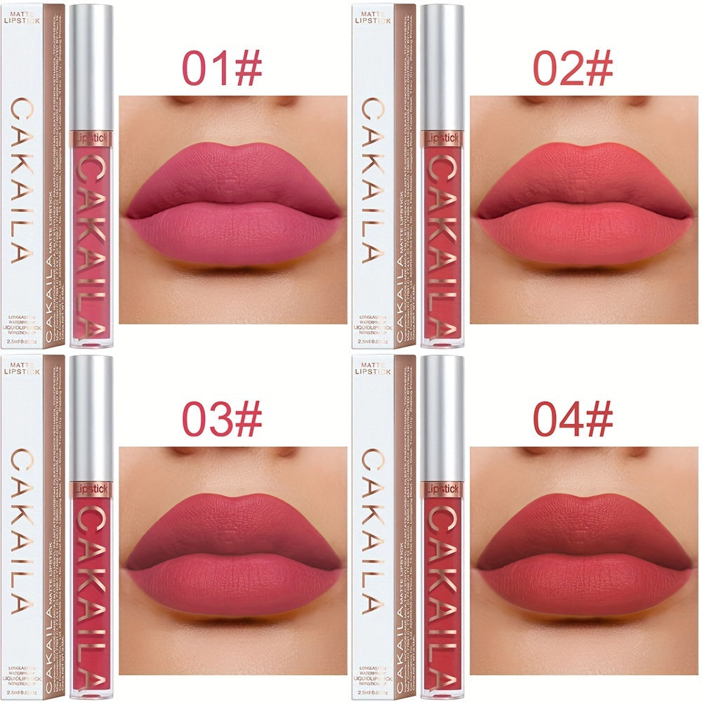 Velvet matte lip tints in 18 colors. Long-lasting, waterproof, non-stick cup lip glaze.