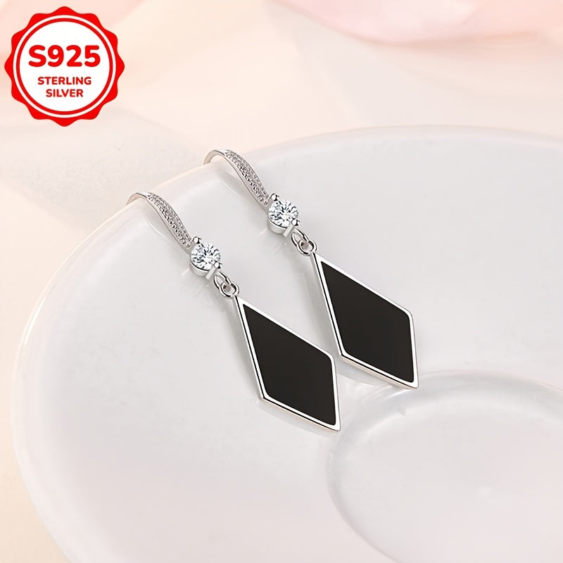 Sterling Silver S925 Dangle Rhombus Drop Earrings with Zirconia Accents for Women