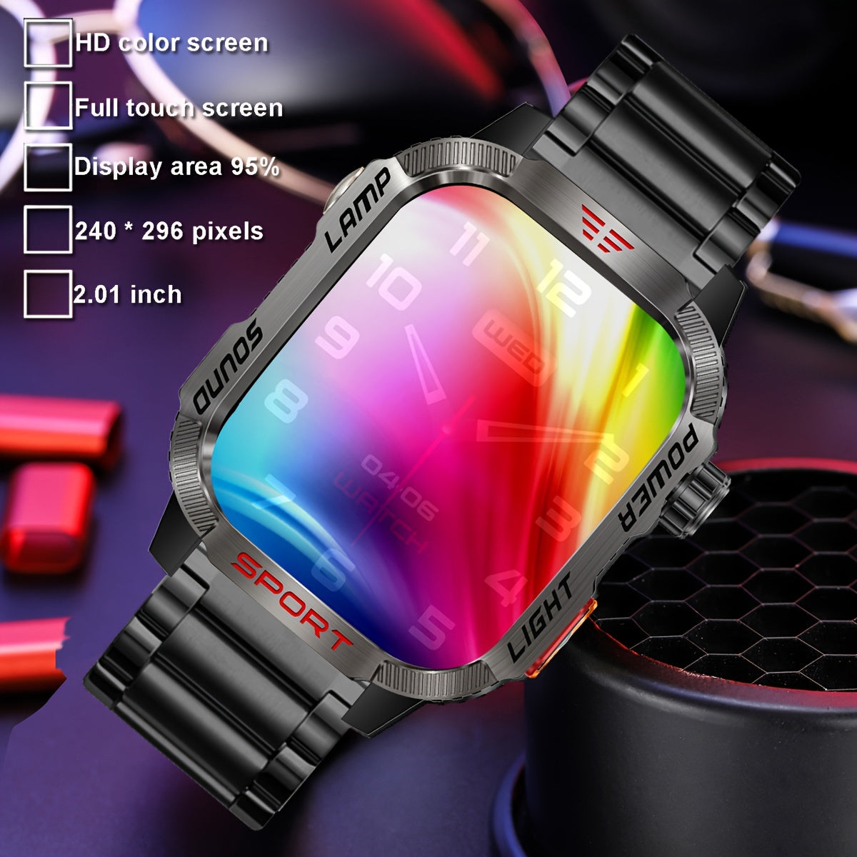 Outdoor Waterproof Smartwatch with Wireless Call Fitness Tracking and LED Flashlight