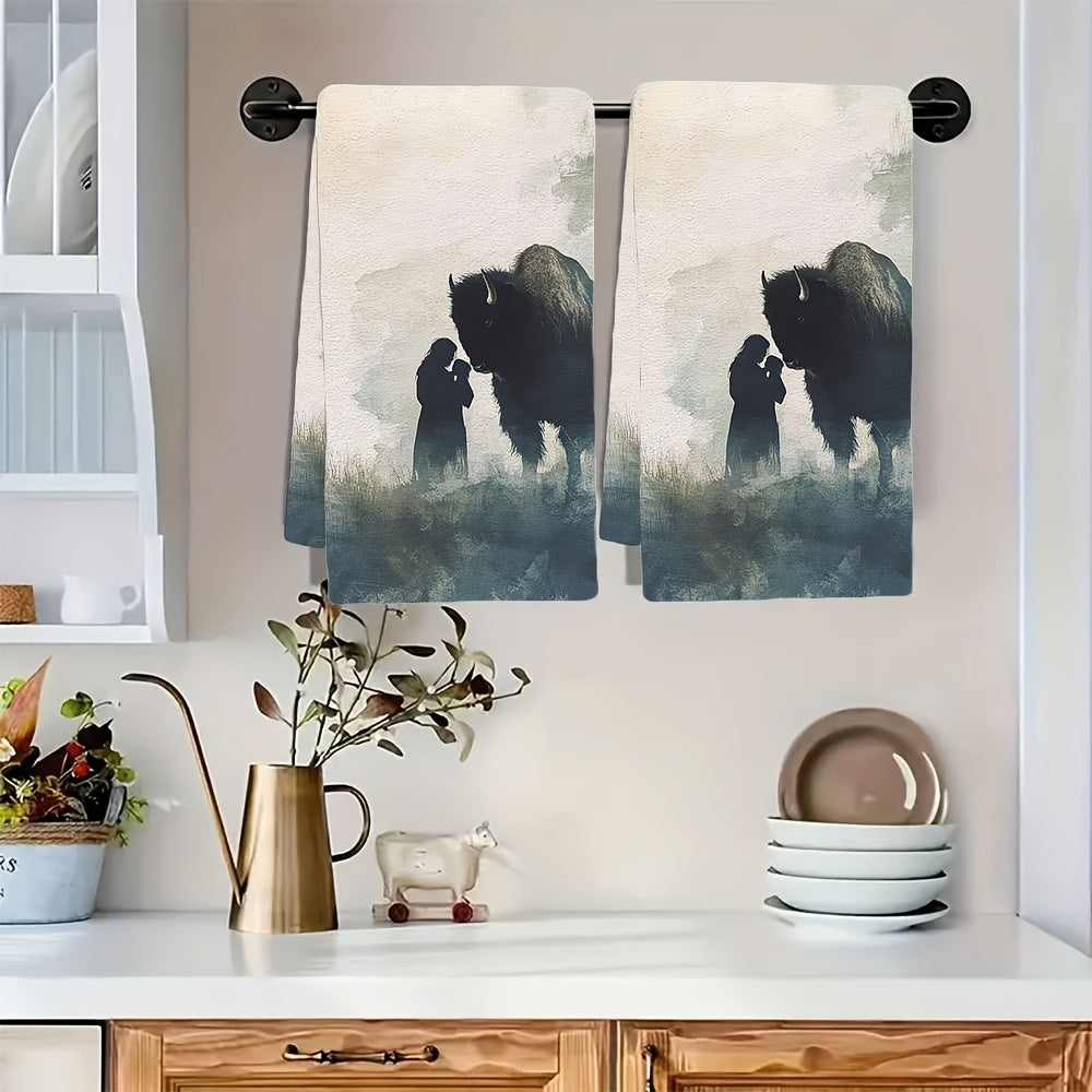 2 ta Ultra Soft oshxona sochiqlari to'plami, akvarel Bison inson silueti, 16x24 dyuym