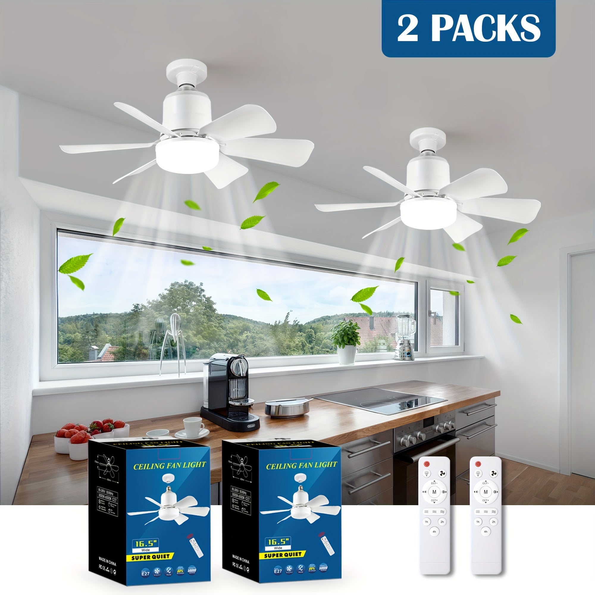 Ceiling fan lights with remote control 3-speed adjustable fan color temperature for small rooms E27 socket