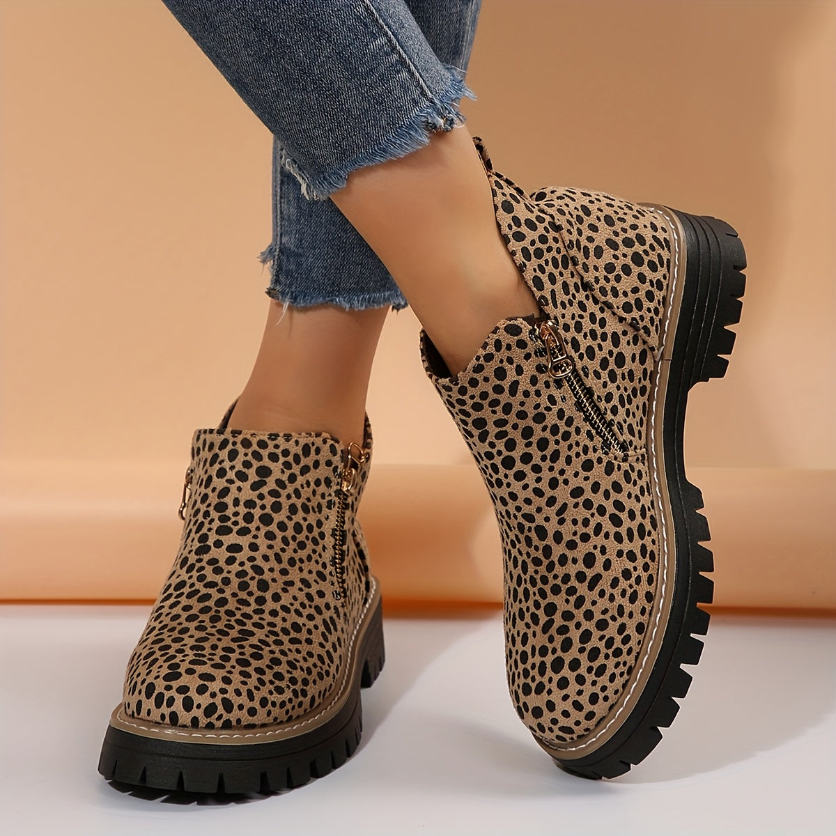 Women's Leopard Print Ankle Booties Zipper Block Heel All-Season Rubber Sole
