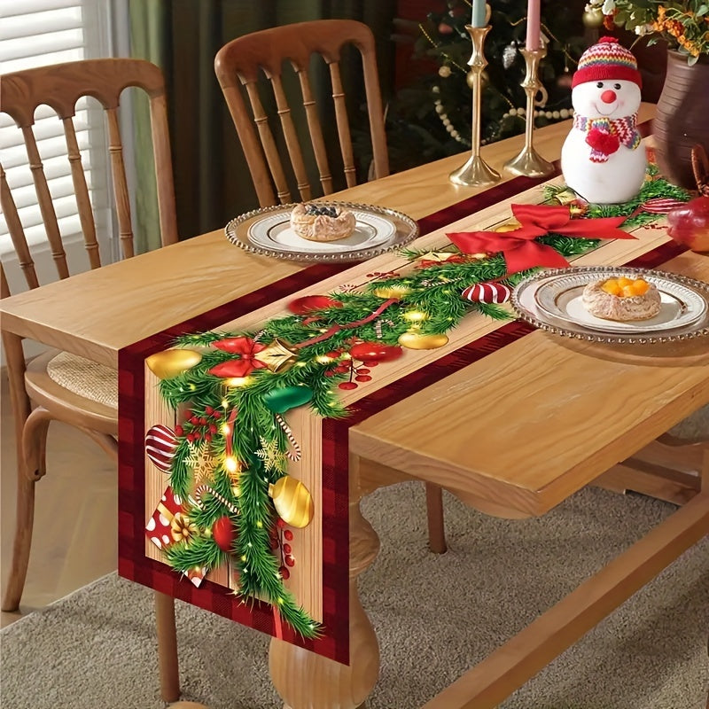 Linen Christmas Table Runner with Buffalo Plaid Merry Christmas Ball Pattern