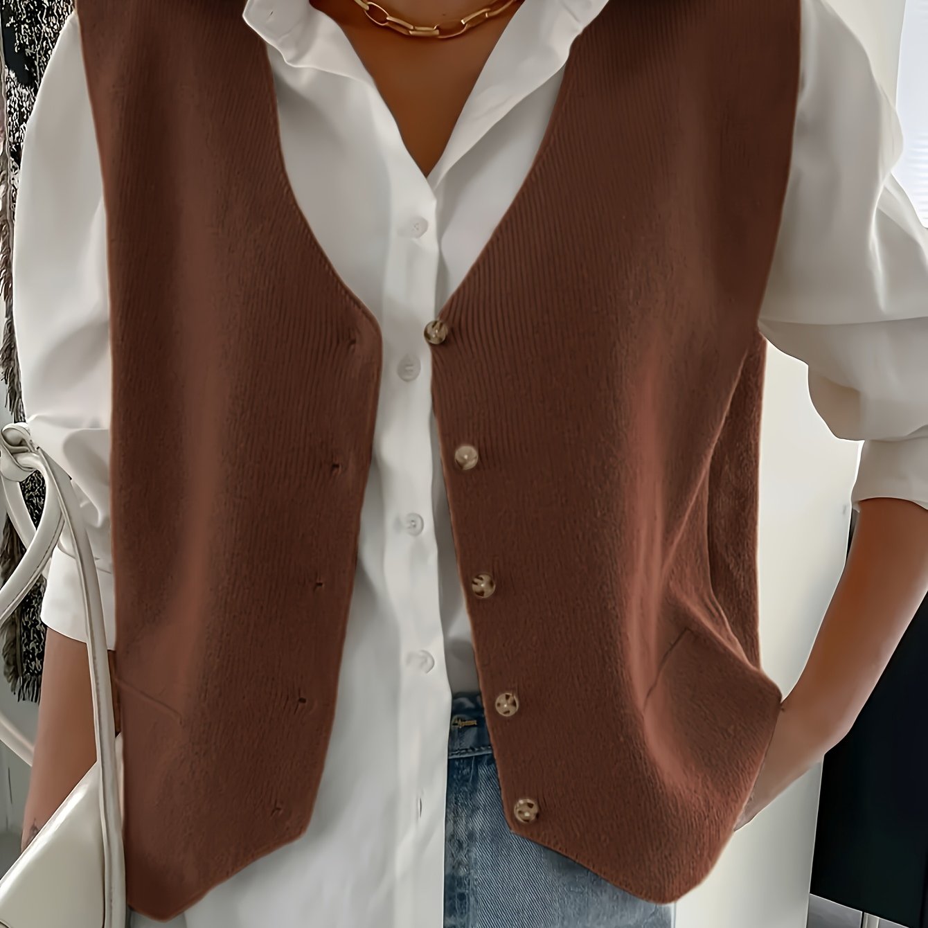 Women V-Neck Knit Cardigan Polyester Solid Color Fall Winter Coat