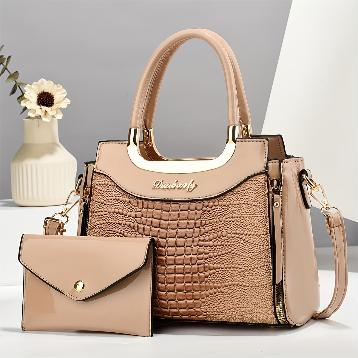 Faux Leather Animal Print Shoulder Bag with Matching Wallet Removable Strap Zipper Closure