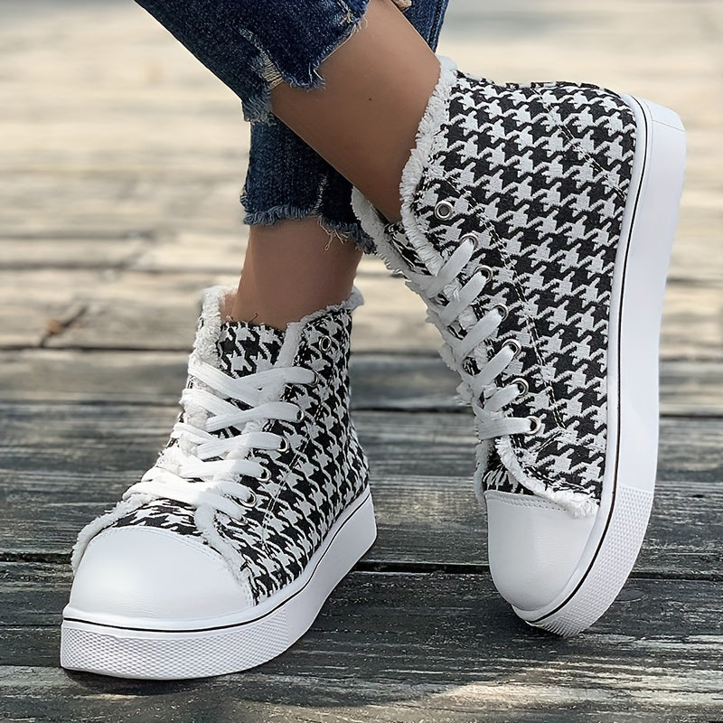 Women's Houndstooth Pattern High-Top Sneakers Black and White Fabric