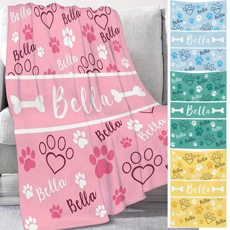Personalized Dog Paw Print Flannel Blanket Soft Cozy Couch Bed Travel Camping All-Season