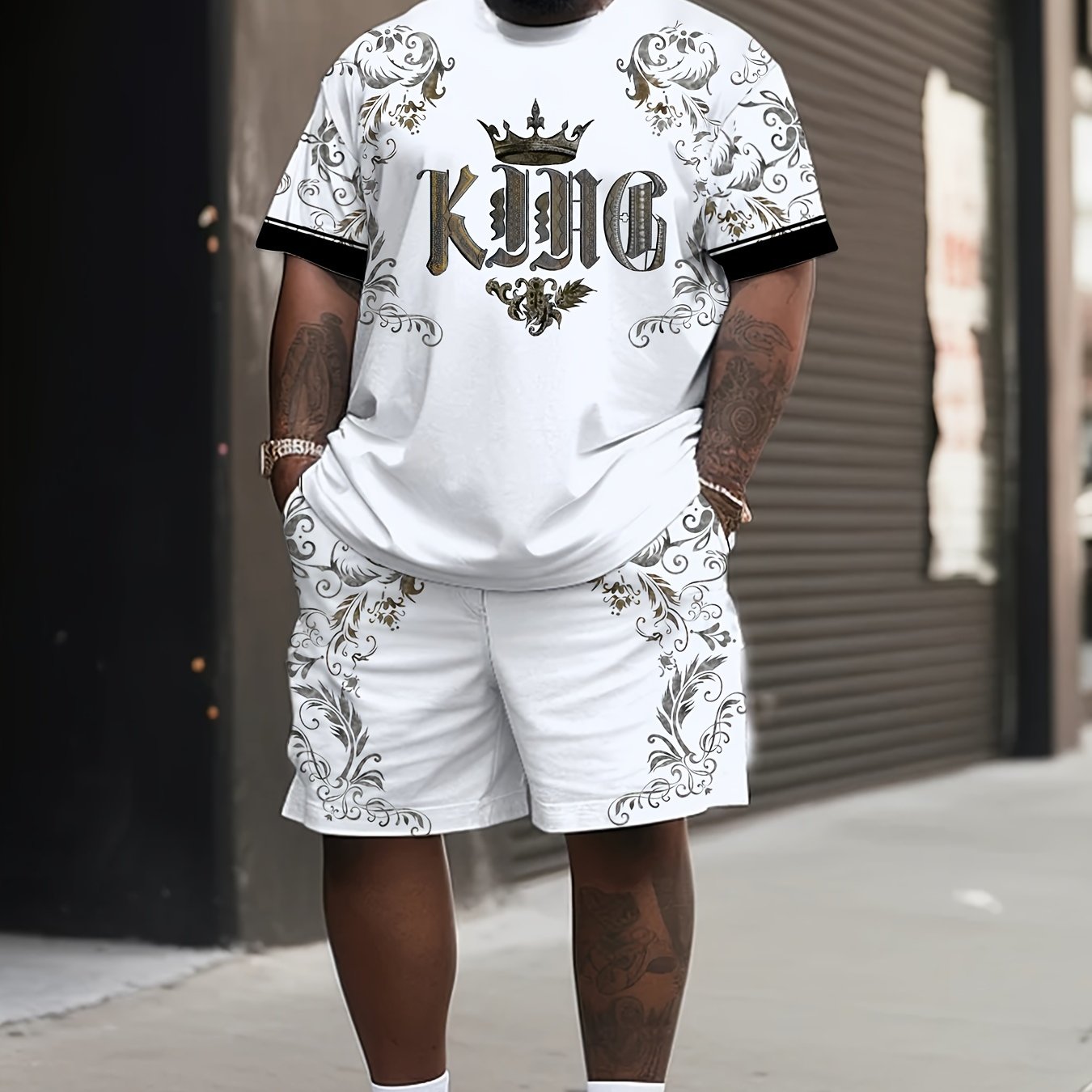 Men's Plus Size Sportswear Set T-Shirt and Shorts Honeycomb Texture Letter Print