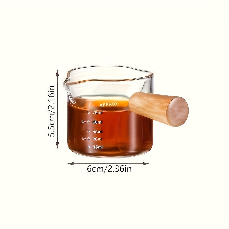 Taza de café de vidrio de borosilicato con asa de madera, doble pico y marcas de medición