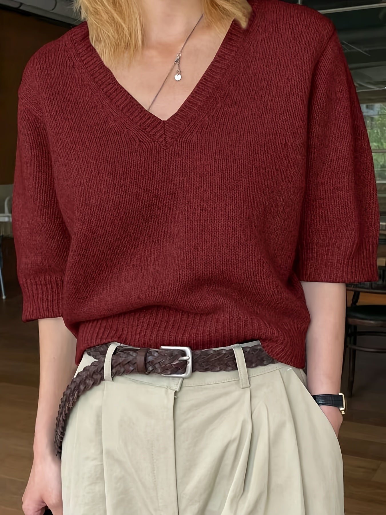 Women's Brown V-Neck Short Sleeve Knit Top High Stretch Jersey for Spring Summer