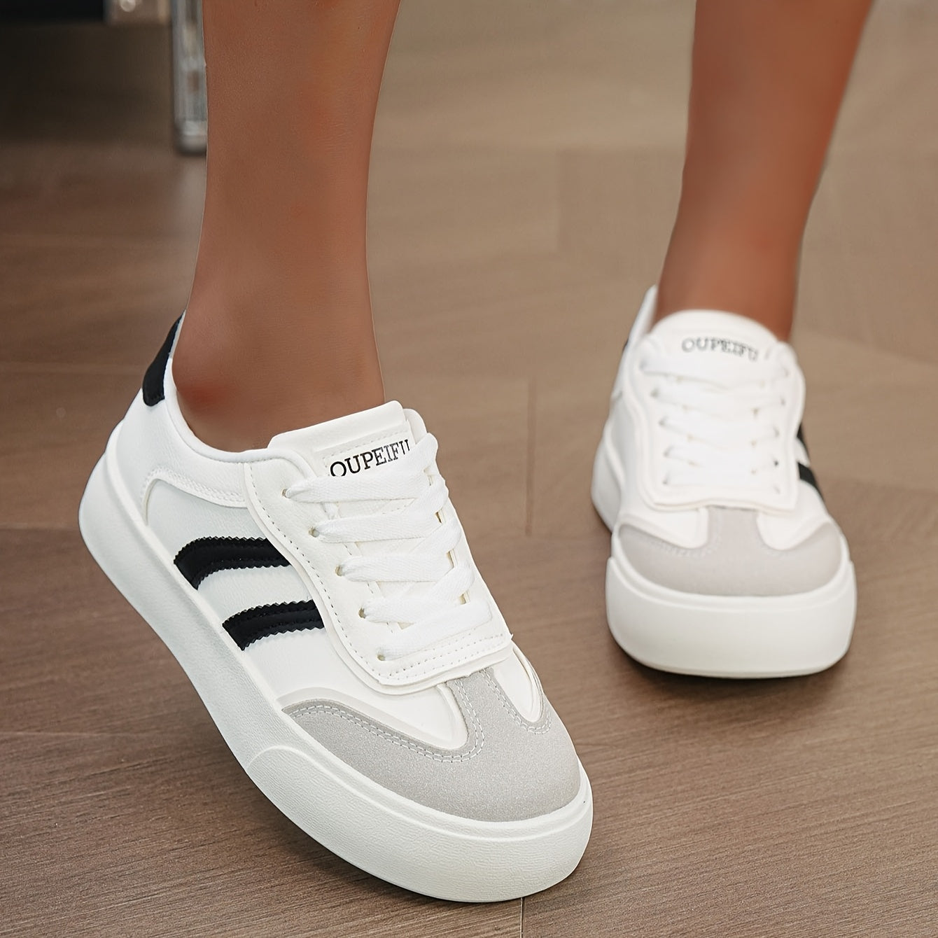 Women's Fashion Skate Sneakers White Black Rubber Low Tops Casual Shoes