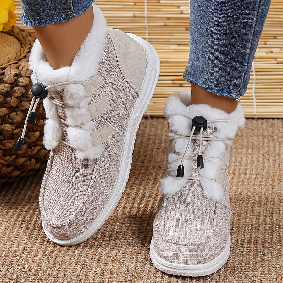 Women's Winter Slip-On Shoes Faux Fur Lined Beige Fabric Black Drawstrings Round Toe TPU Sole