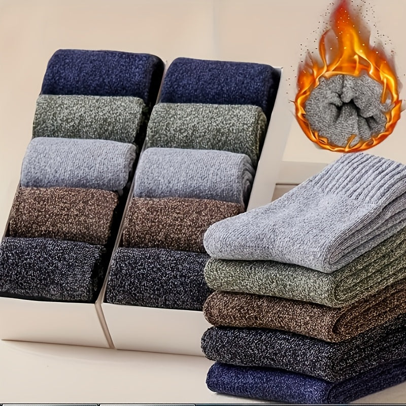 Men's Wool Blend Mid-Calf Winter Socks Set of 5 Solid Colors Warm Casual Gift-Ready