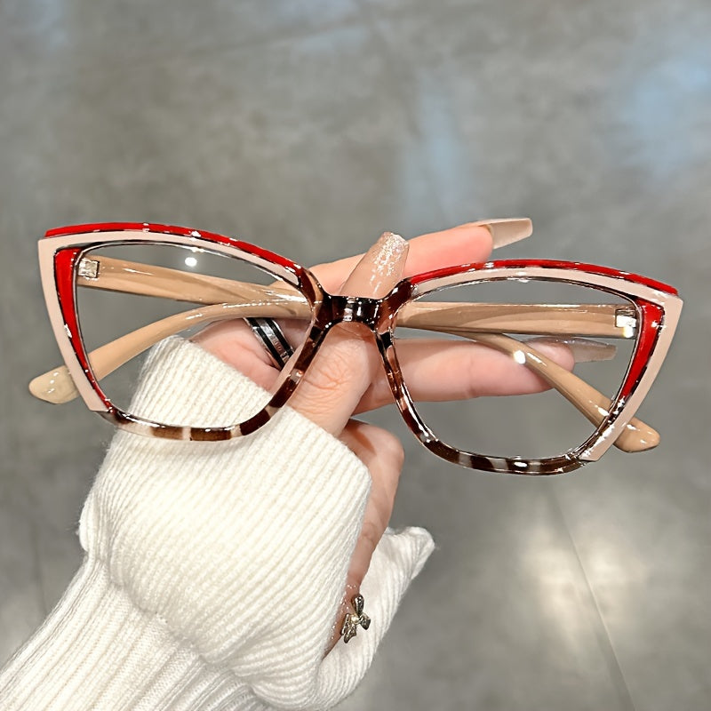 Retro Color Block Cat Eye Glasses for Women with Clear Lenses for Fashion and Computer Use