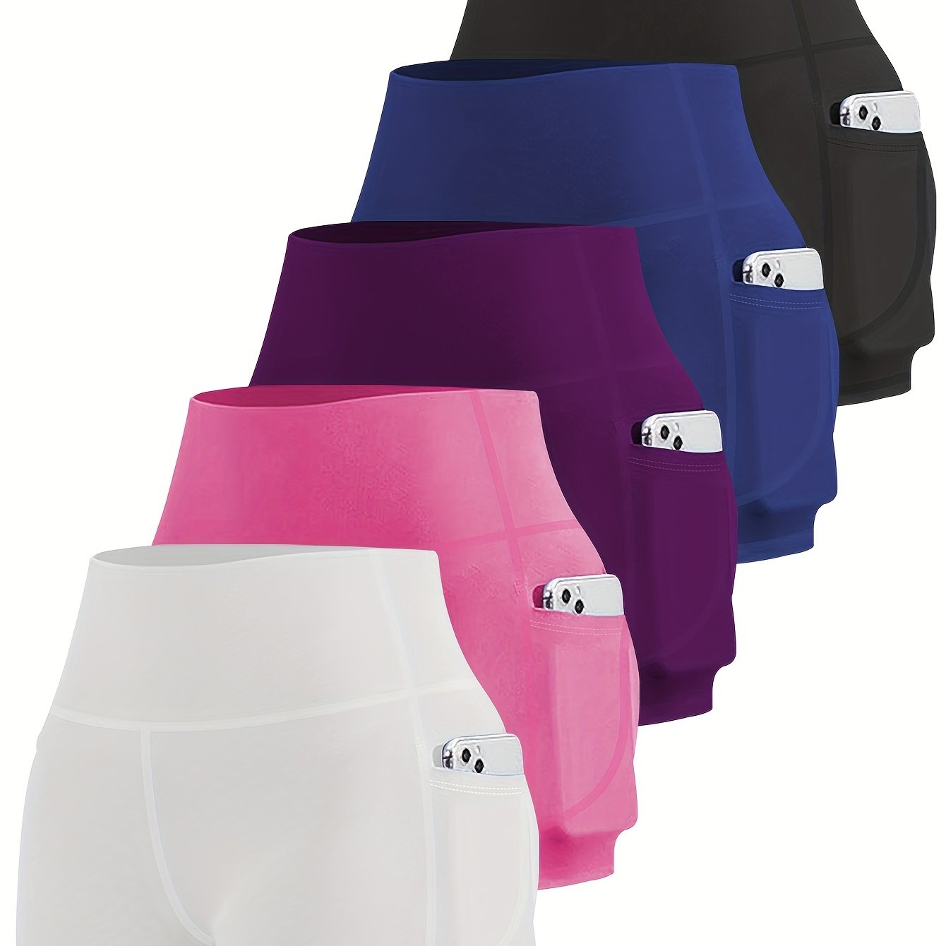 Ayollar uchun kattaroq o'lchamdagi yuqori belli yoga shorti to'plami, 5 ta, chuqur cho'ntaklar bilan