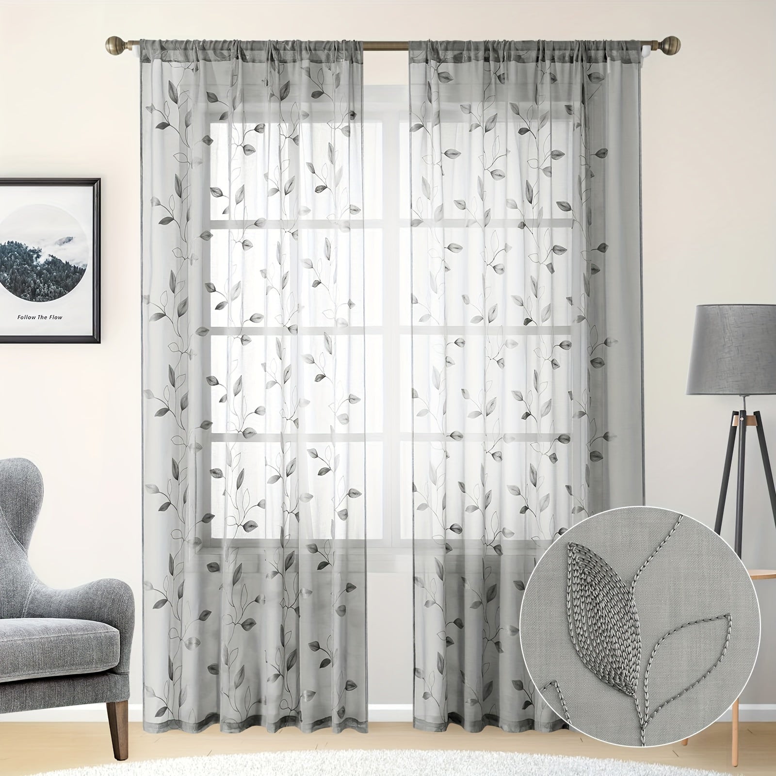 Two Pieces Sheer Curtains with Embroidered Leaf Pattern, Rod Pocket, Polyester, for Bedroom Living Room Kitchen