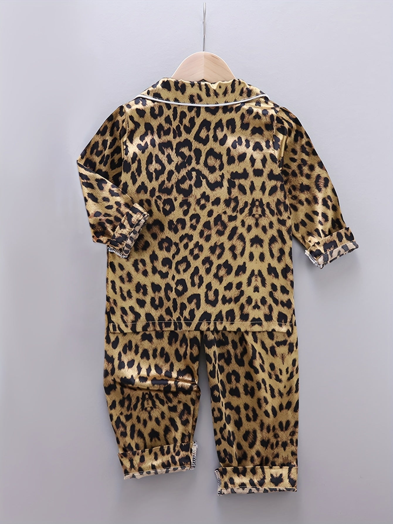Children's Leopard Print Satin Pajama Set with Long Sleeves and Elastic Waistband