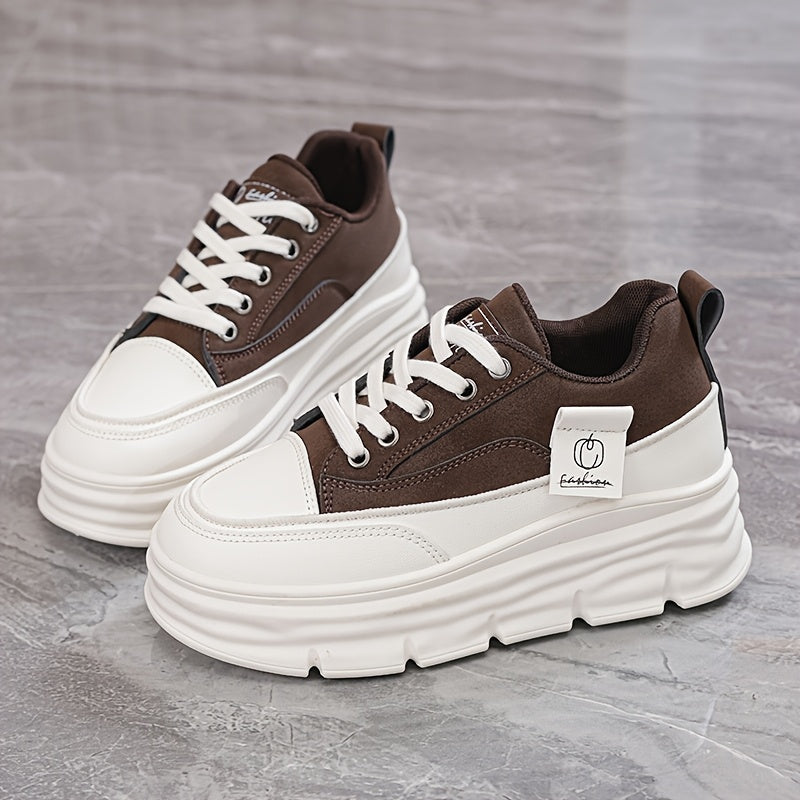 Women's Chunky Platform Sneakers Beige White Cushioned Sole Casual Shoes
