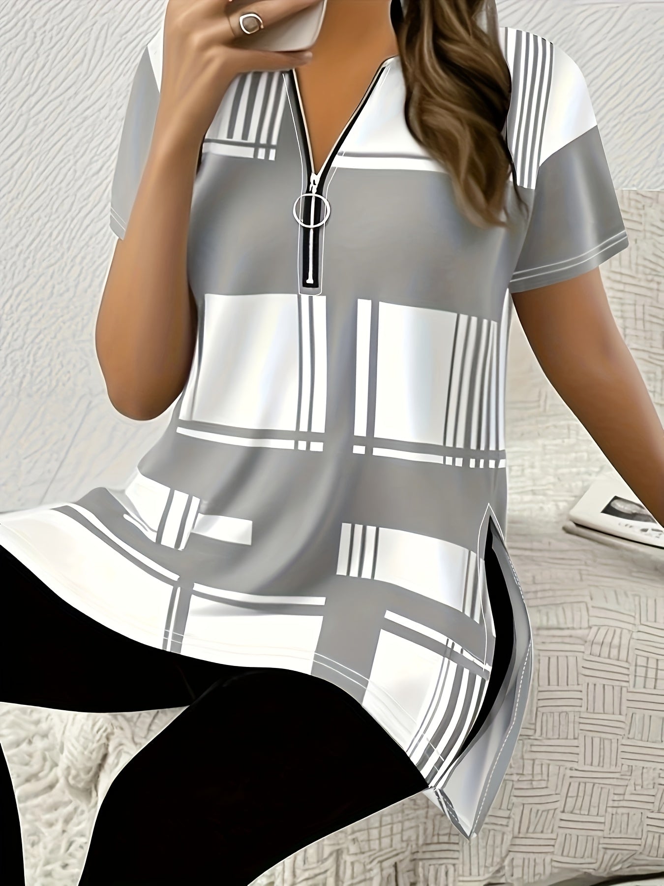 Women's Summer Purple Plaid Short Sleeve T-Shirt with Zipper and Side Slit