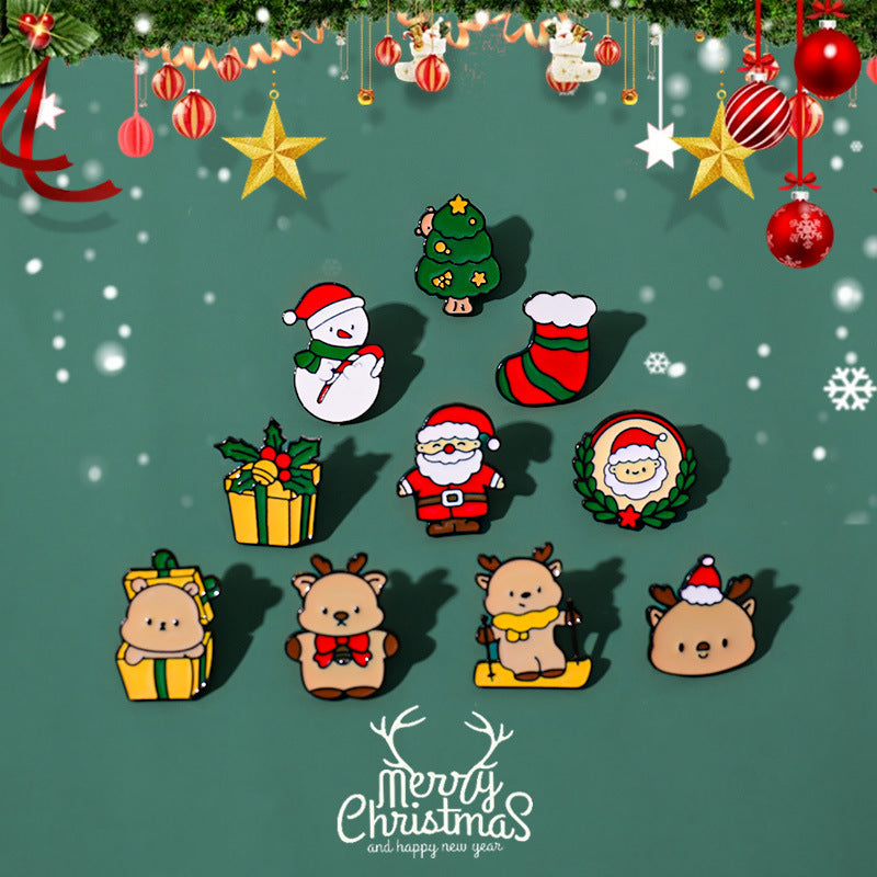 10 Christmas Brooches Santa Claus Elk Cartoon Style Fashion Pins Collar Buttons