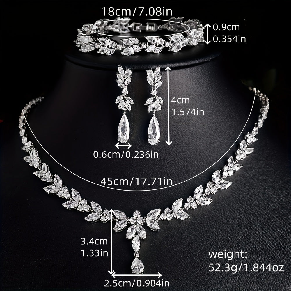 Copper Jewelry Set with Synthetic Zirconia Bridal Necklace Bracelet Earrings for Weddings and Valentine's Day