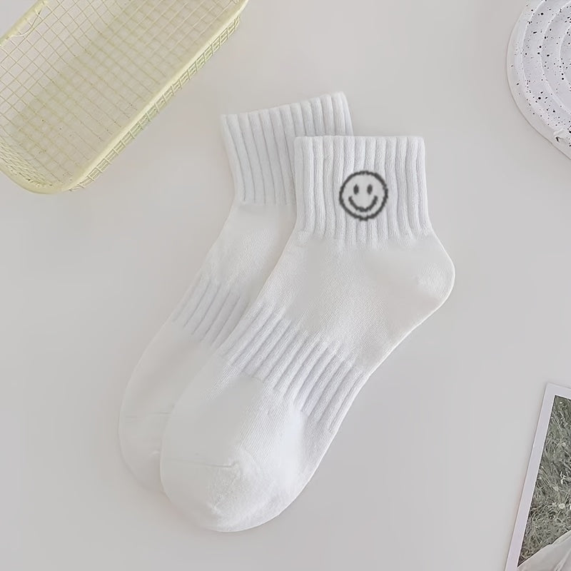 Mujeres calcetines cortos 5 pares con estampado de cara de dibujos animados, calcetería ligera de punto