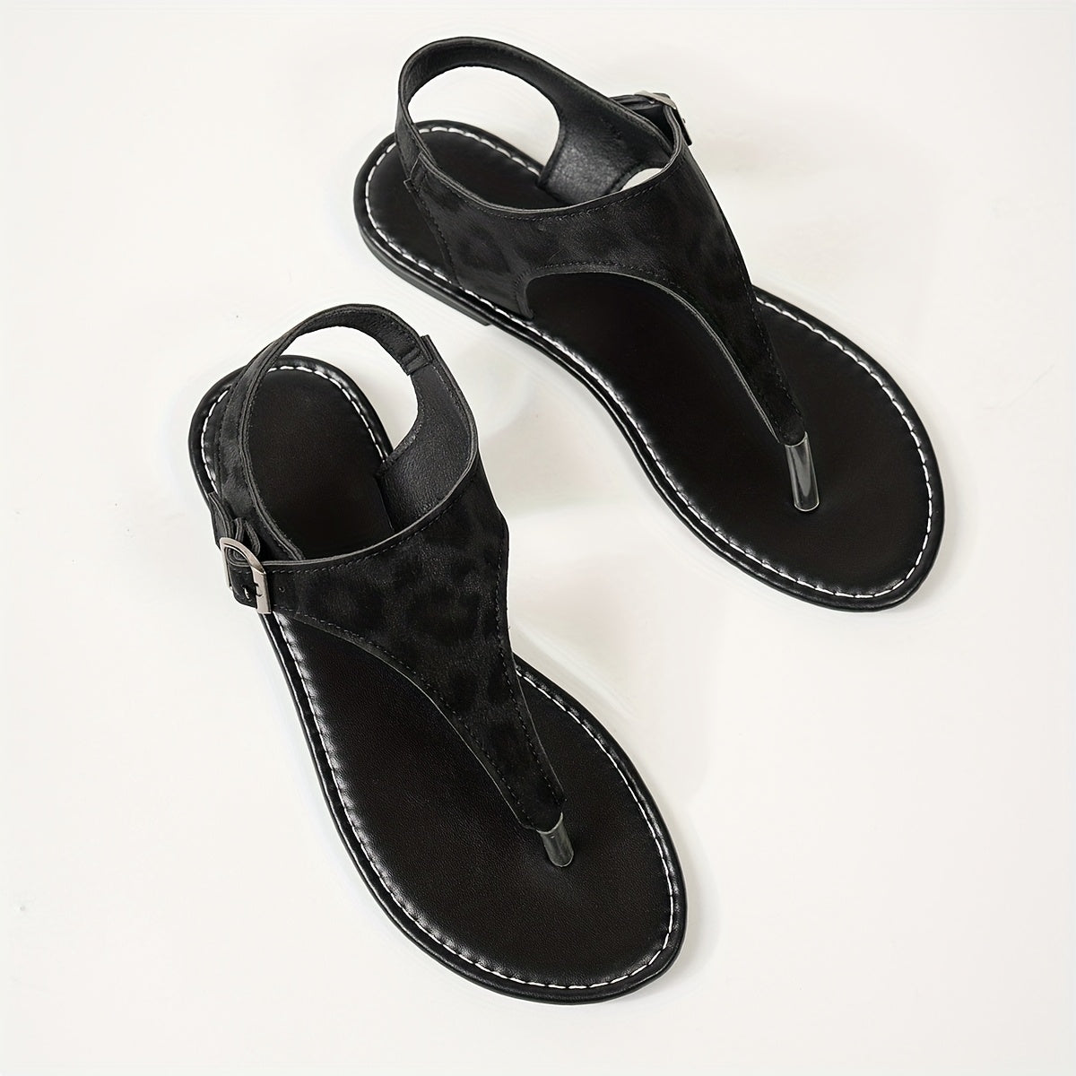 Women's Leopard Print Toe-Post Flat Sandals Black Brown Summer Casual