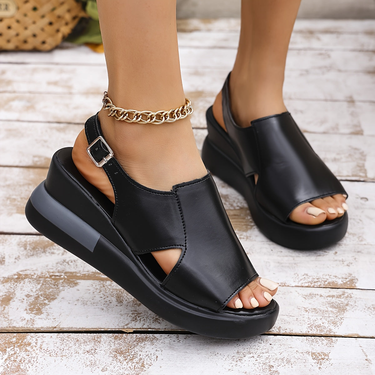 Women's Solid Color Thick-Soled Ankle Strap Summer Beach Sandals