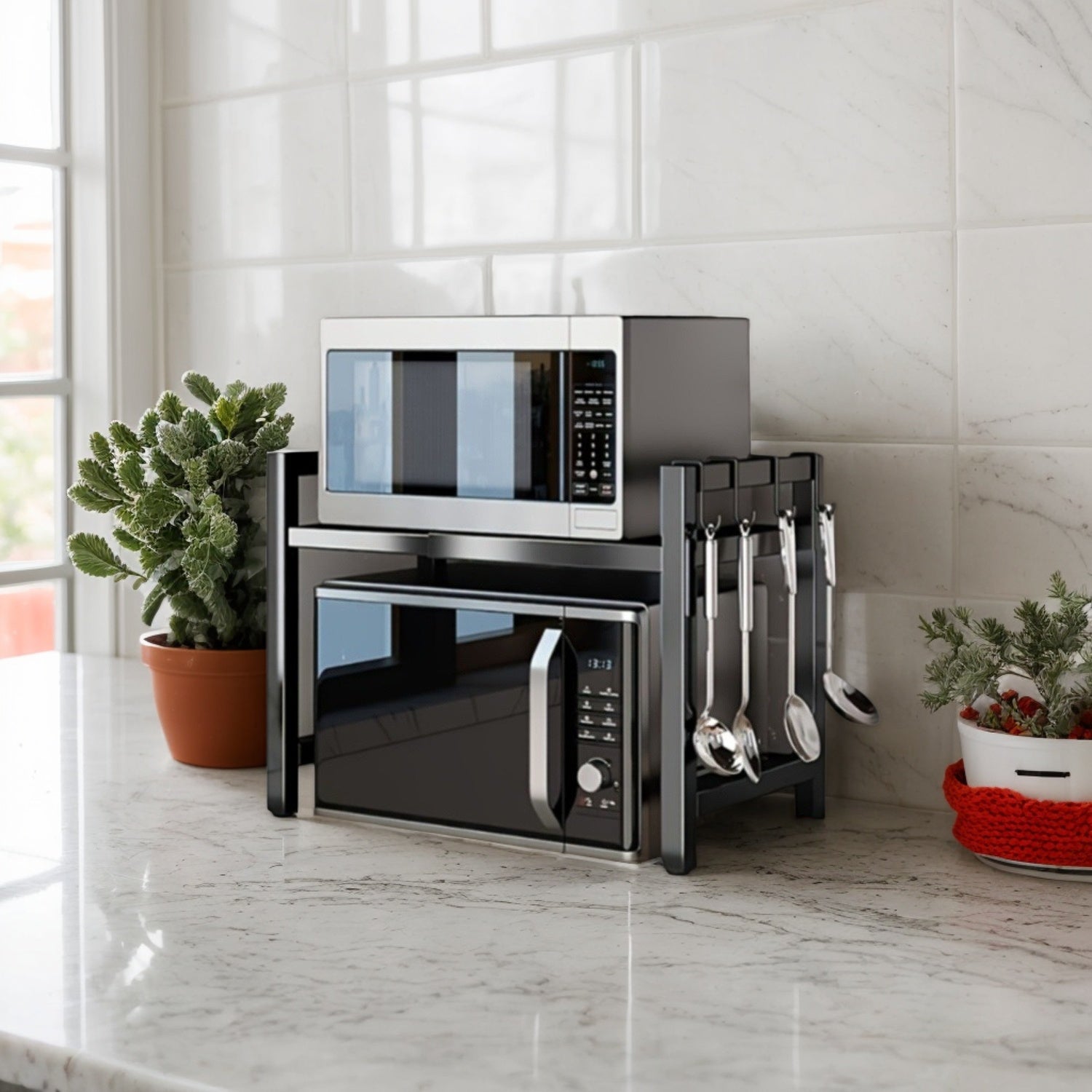 Compact black countertop microwave stand with two tiers, 6 hooks, durable metal