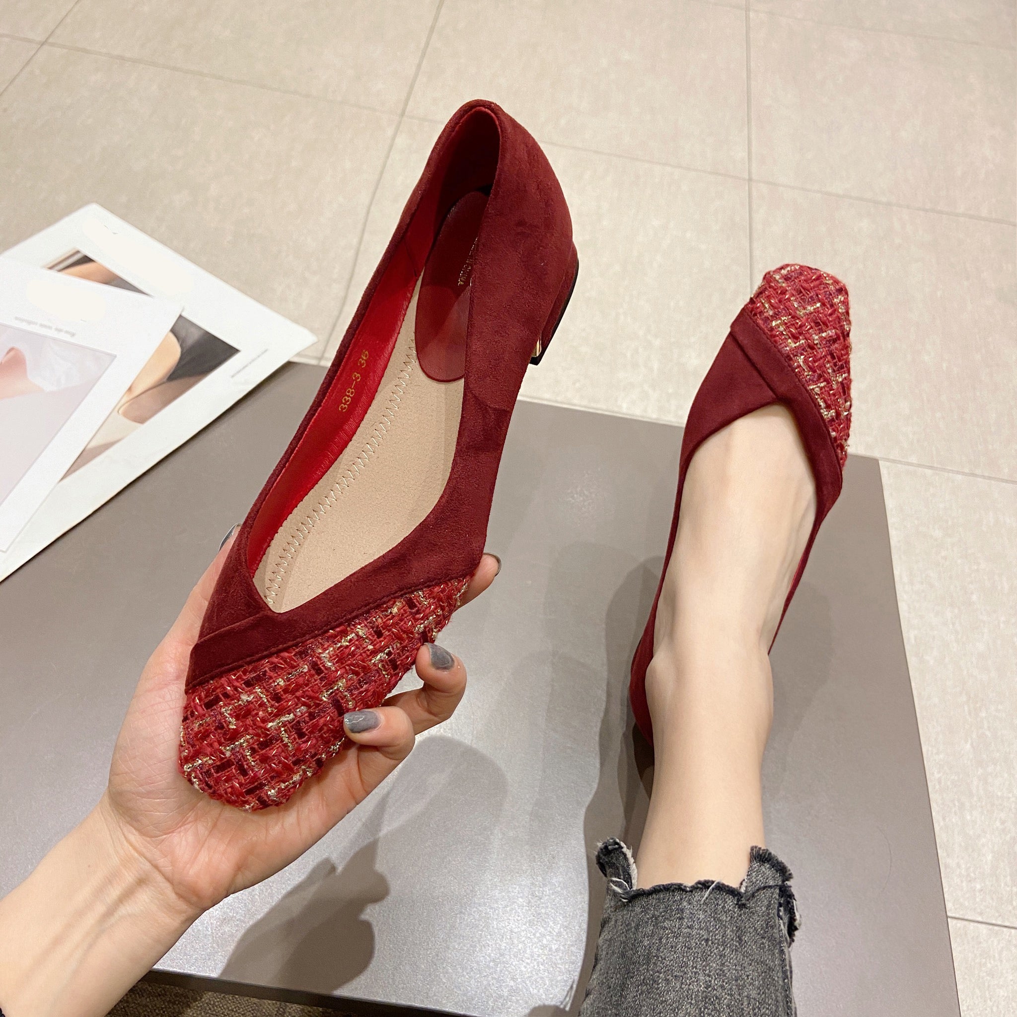 Women's Square Toe Slip-On Fashion Shoes with Block Heel and Plaid Fabric