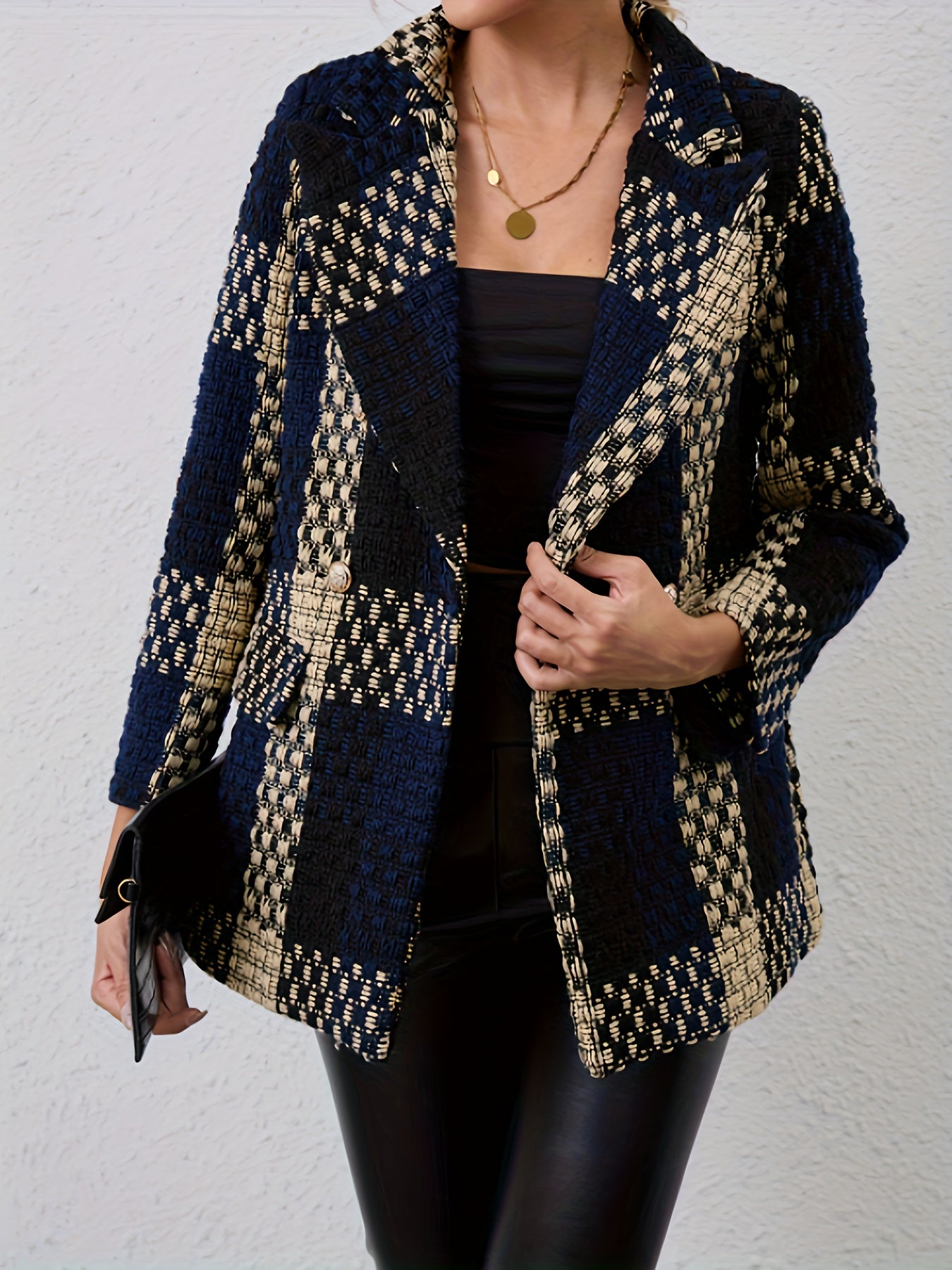 Women's Plaid Double-Breasted Blazer with Lapel Collar for Fall Winter