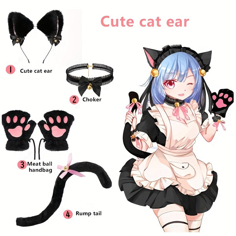 Black Cat Ear Hoop and Tail Necklace Halloween Costume Accessories Set