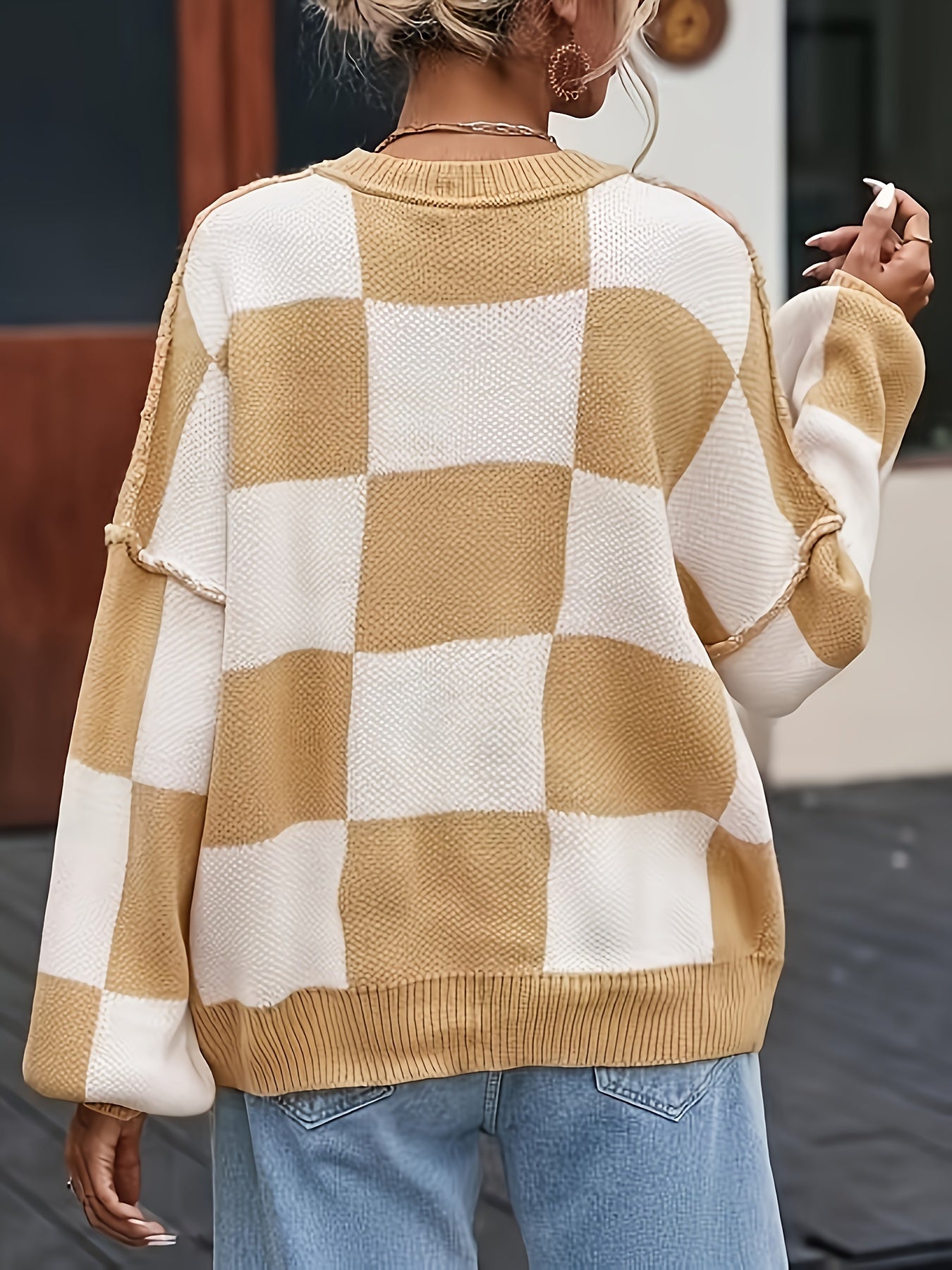 Women's Plaid Wool Sweater Round Neck Casual Warm Pullover